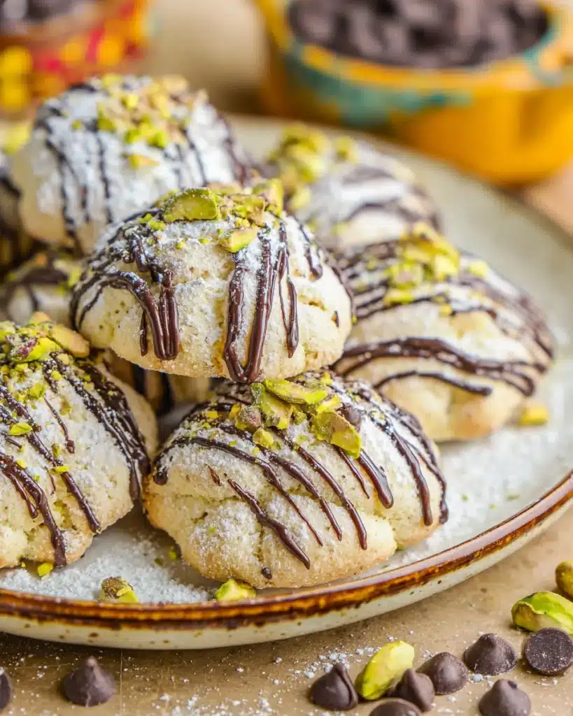 Delicious cannoli cookies drizzled with chocolate and sprinkled with powdered sugar and pistachios.