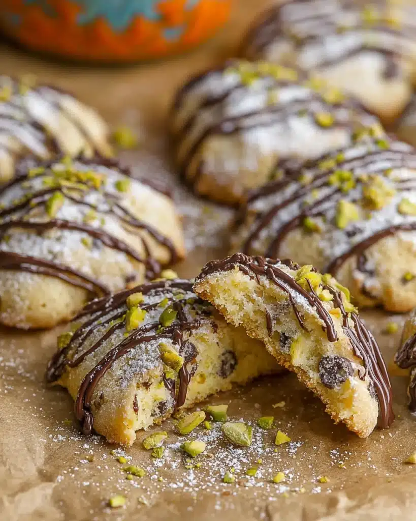 Freshly baked cannoli cookies with chocolate drizzle, powdered sugar, and visible pistachios and chocolate chips.