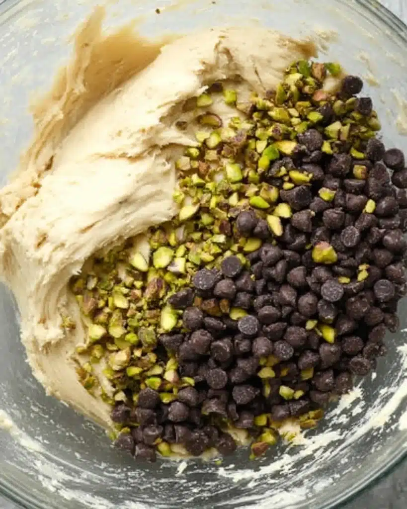 "Cookie dough with separated chocolate chips and chopped pistachios, ready to be mixed."