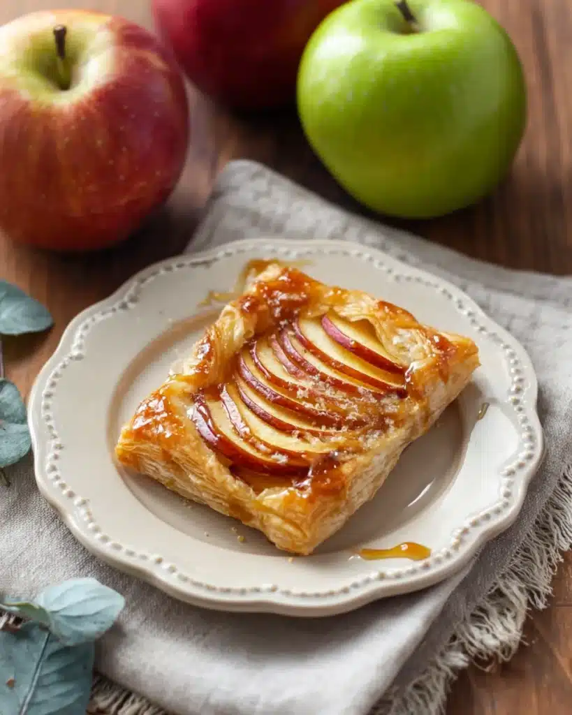 Caramel Apple Puff Pastries 1 Caramel Apple Puff Pastries with red apple slices and caramel drizzle on a white plate
