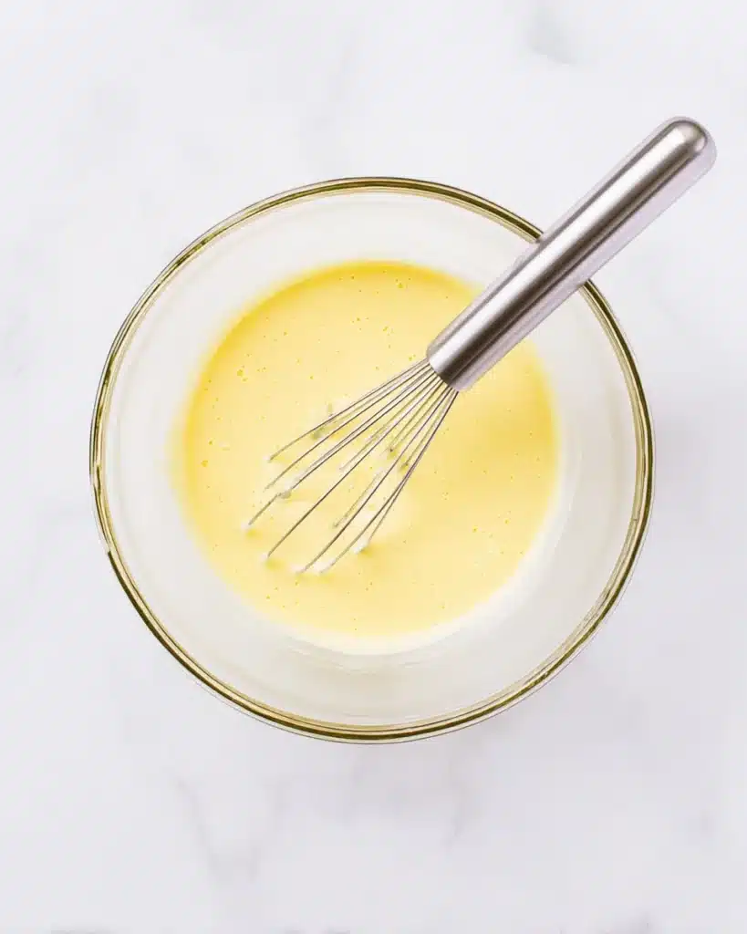 Fluffy Japanese soufflé pancake batter in a glass bowl with whisk