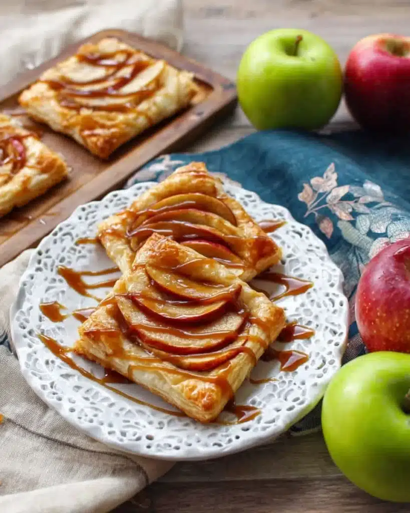 Caramel Apple Puff Pastries 3 Golden caramel apple puff pastries on white plate with fresh apples