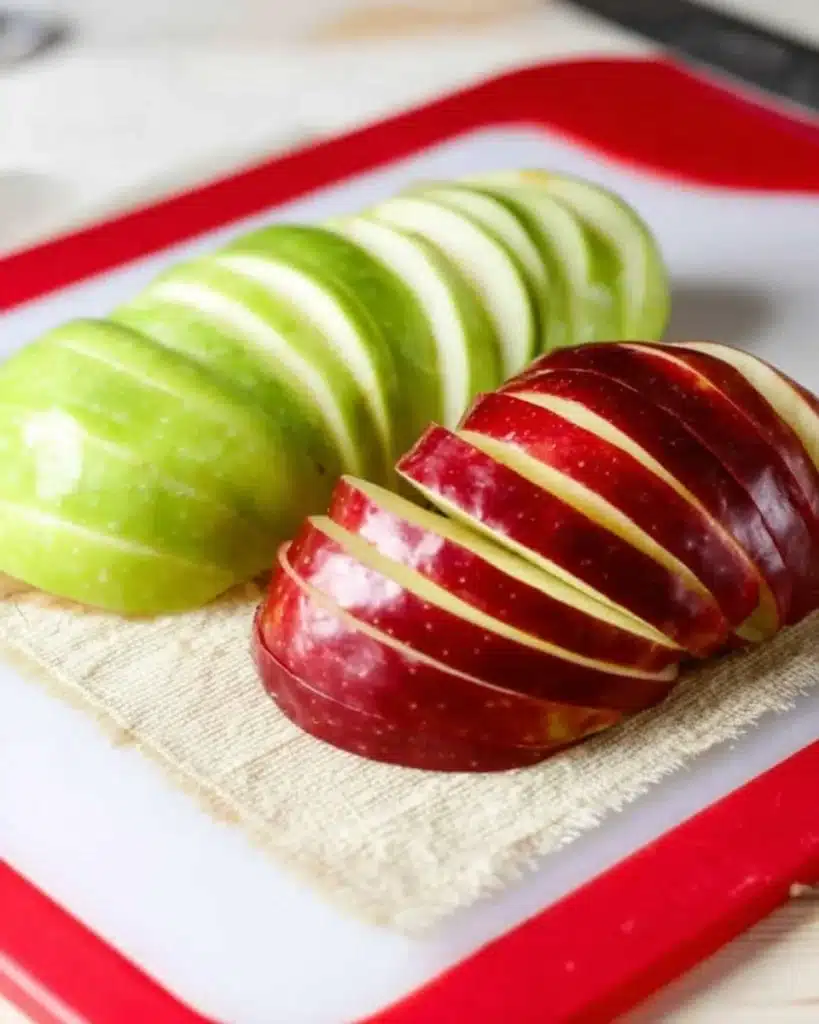 Caramel Apple Puff Pastries 2 Thinly sliced red and green apples on cutting board for caramel apple puff pastries