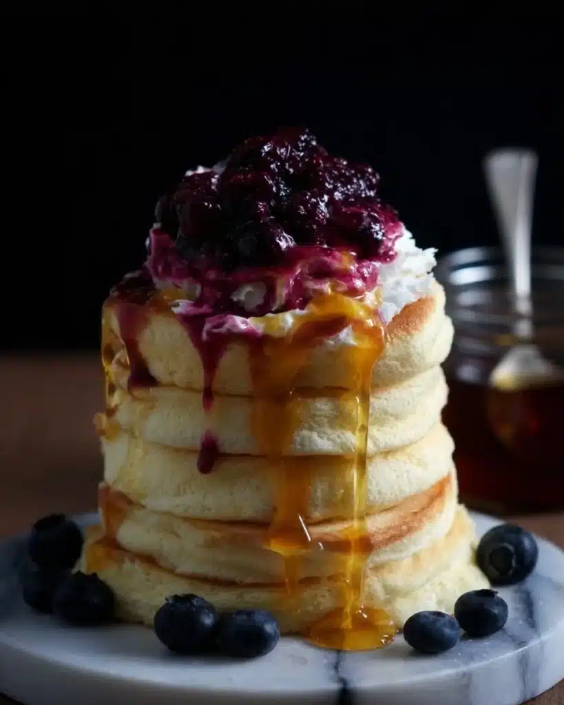 Fluffy Japanese soufflé pancakes stacked with syrup and berry compote