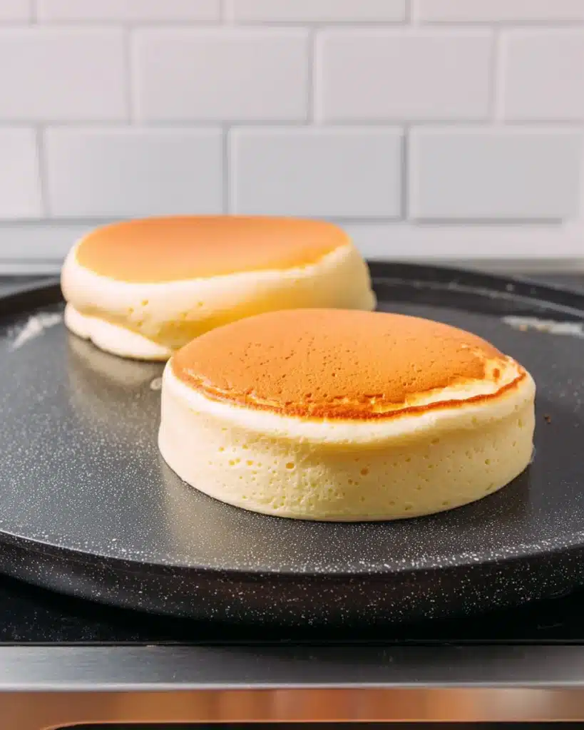 Fluffy Japanese soufflé pancakes cooking on a griddle