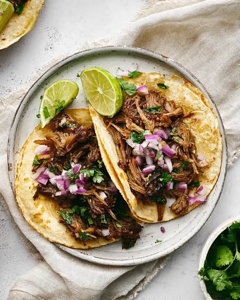 Slow Cooker Carnitas Tacos (Juicy, Crispy, and Easy) 1 Carnitas tacos with crispy pork, red onion, and cilantro on tortillas with lime wedges