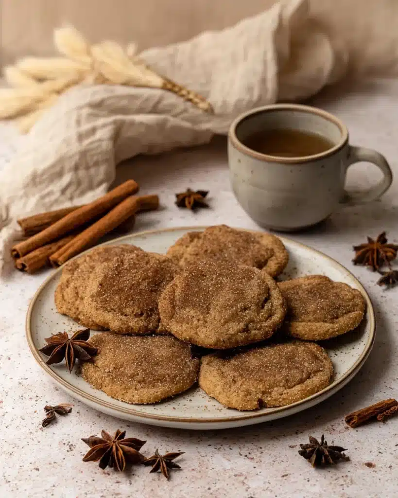 Soft and Chewy Chai Cookies (Vegan & Perfect for Christmas) 1 Soft and chewy chai cookies on a beige plate with cinnamon and star anise