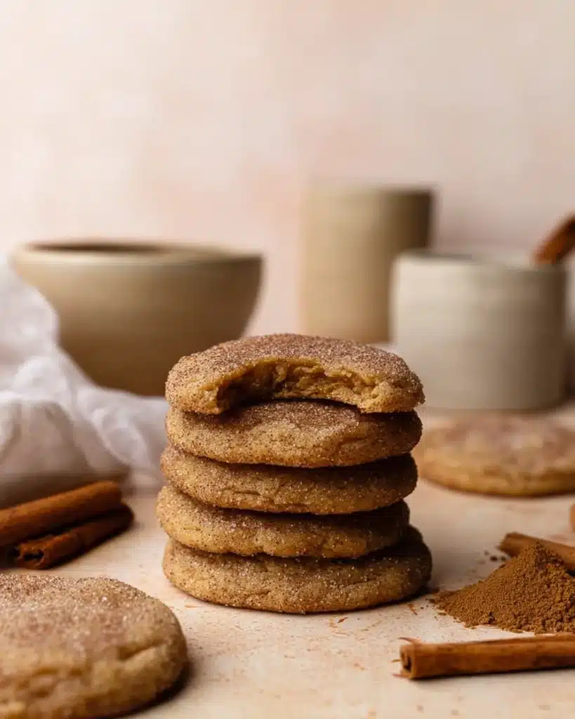 Soft and Chewy Chai Cookies (Vegan & Perfect for Christmas) 3 Stack of soft chai cookies with cinnamon and sugar sparkle