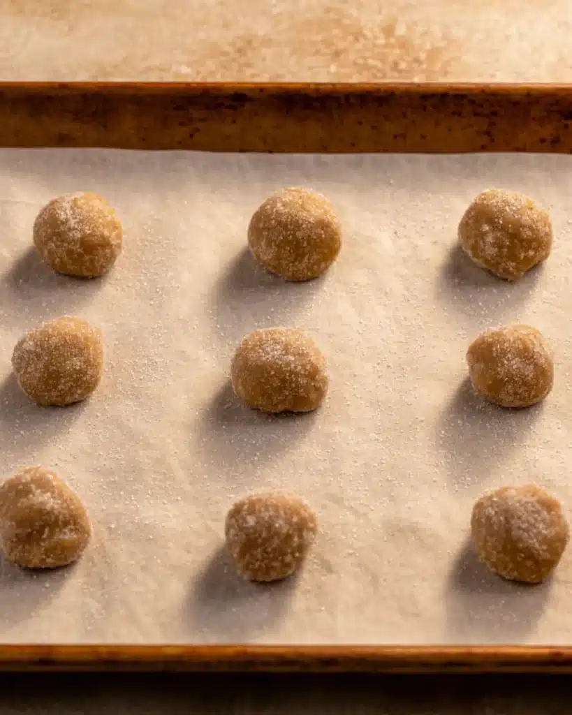 Soft and Chewy Chai Cookies (Vegan & Perfect for Christmas) 2 Chai cookie dough balls on parchment before baking