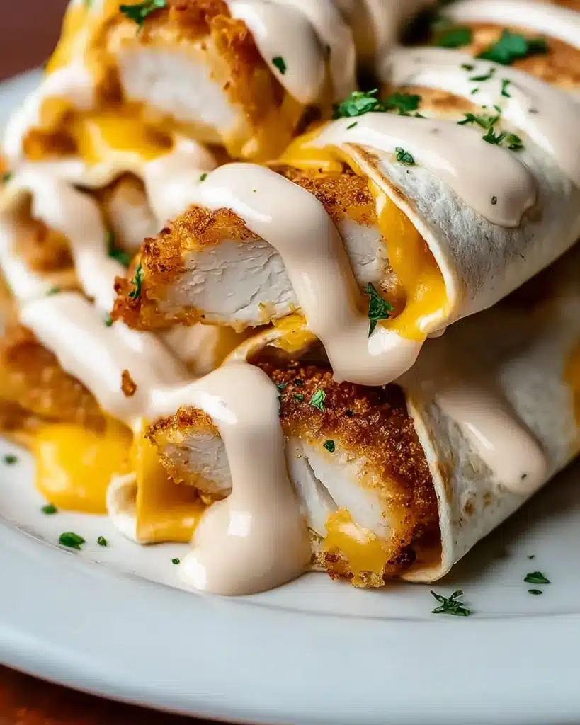 Cheesy Garlic Chicken Wraps – The Ultimate Crispy, Cheesy, and Flavor-Packed Meal 1 Grilled cheesy garlic chicken wraps with creamy sauce and melted cheese