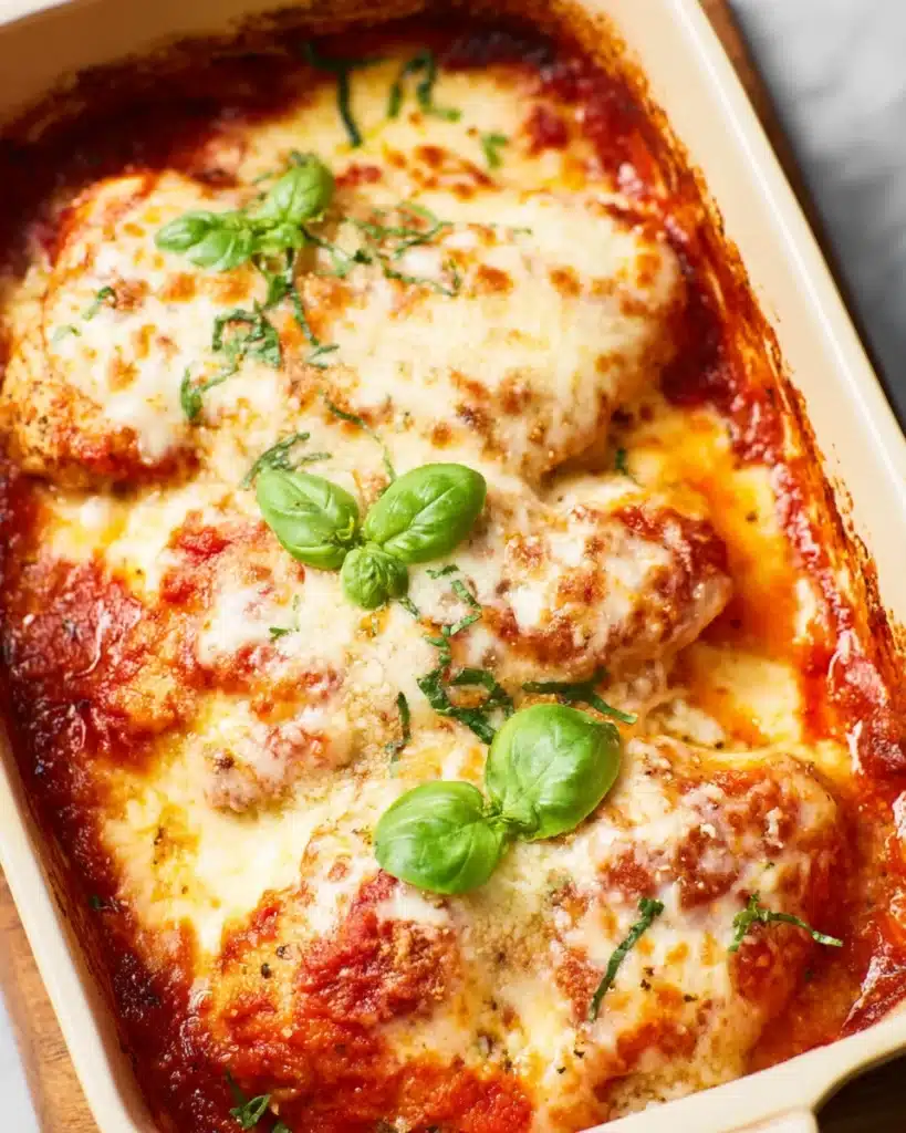 Cheesy Mozzarella Chicken Bake topped with melted cheese and marinara sauce in a baking dish