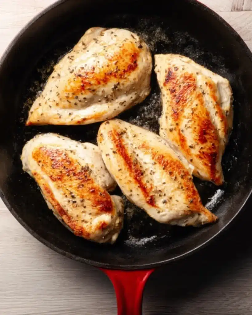 Golden seared chicken breasts in cast iron skillet for Cheesy Mozzarella Chicken Bake