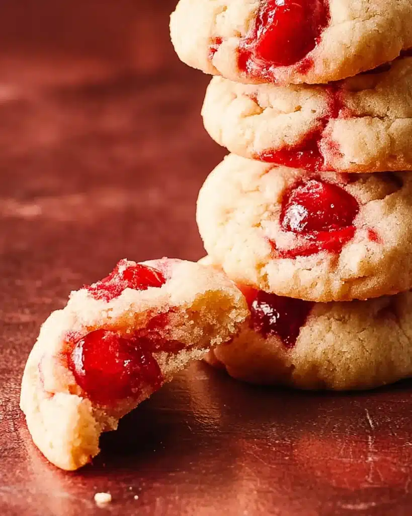 Cherry Cookies (Soft, Buttery, and Perfect for Christmas) 5 Stack of cherry cookies with one broken cookie showing soft center