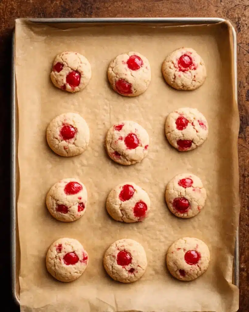 Cherry Cookies (Soft, Buttery, and Perfect for Christmas) 3 Cherry cookies on parchment-lined baking sheet ready for baking