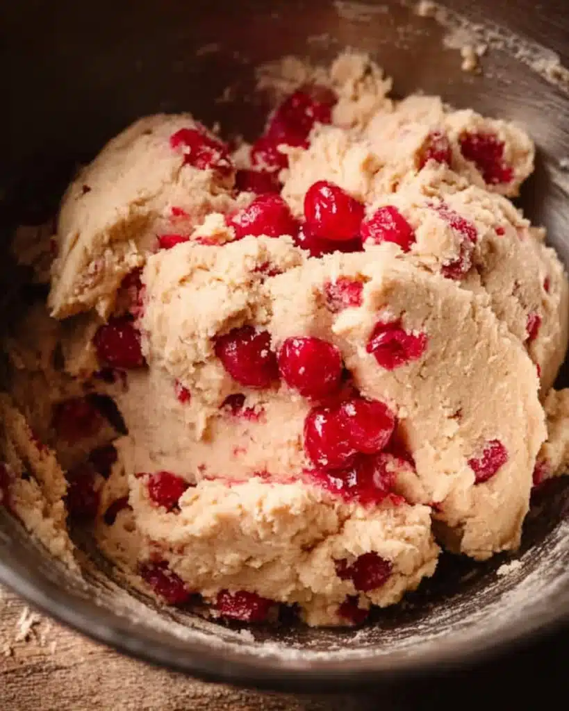 Cherry Cookies (Soft, Buttery, and Perfect for Christmas) 2 Cherry cookie dough with candied cherries in mixing bowl