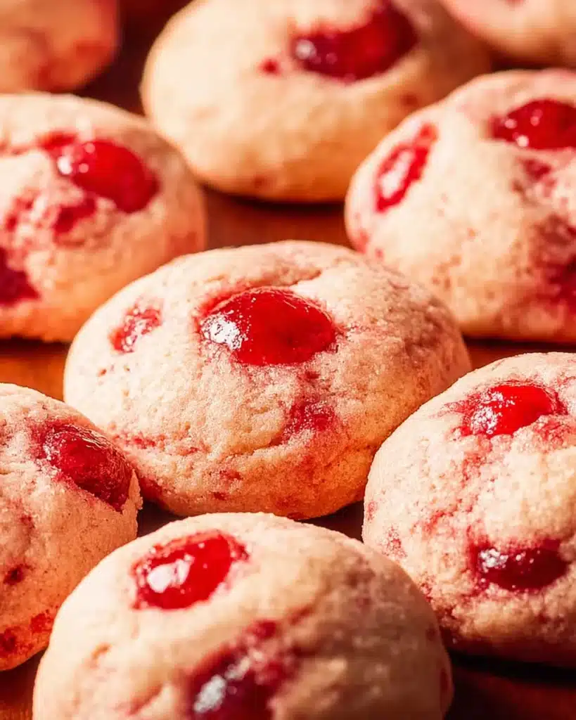 Cherry Cookies (Soft, Buttery, and Perfect for Christmas) 4 Freshly baked cherry cookies with candied cherries on warm surface