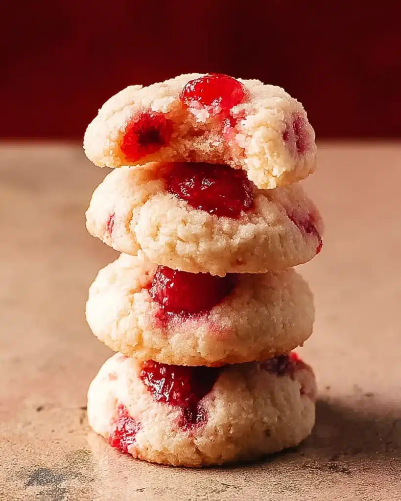 Cherry Cookies (Soft, Buttery, and Perfect for Christmas) 1 Stack of soft cherry cookies with red candied cherries on rustic surface