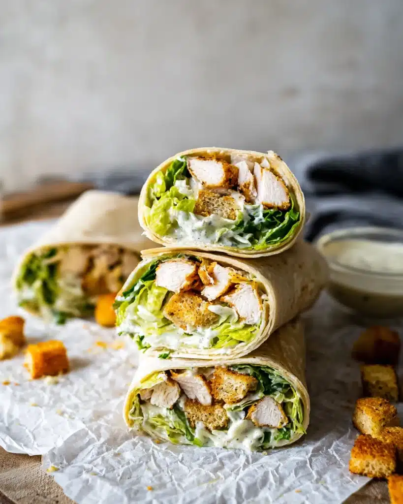 Stacked Chicken Caesar Wraps with lettuce, chicken, and creamy dressing on parchment paper