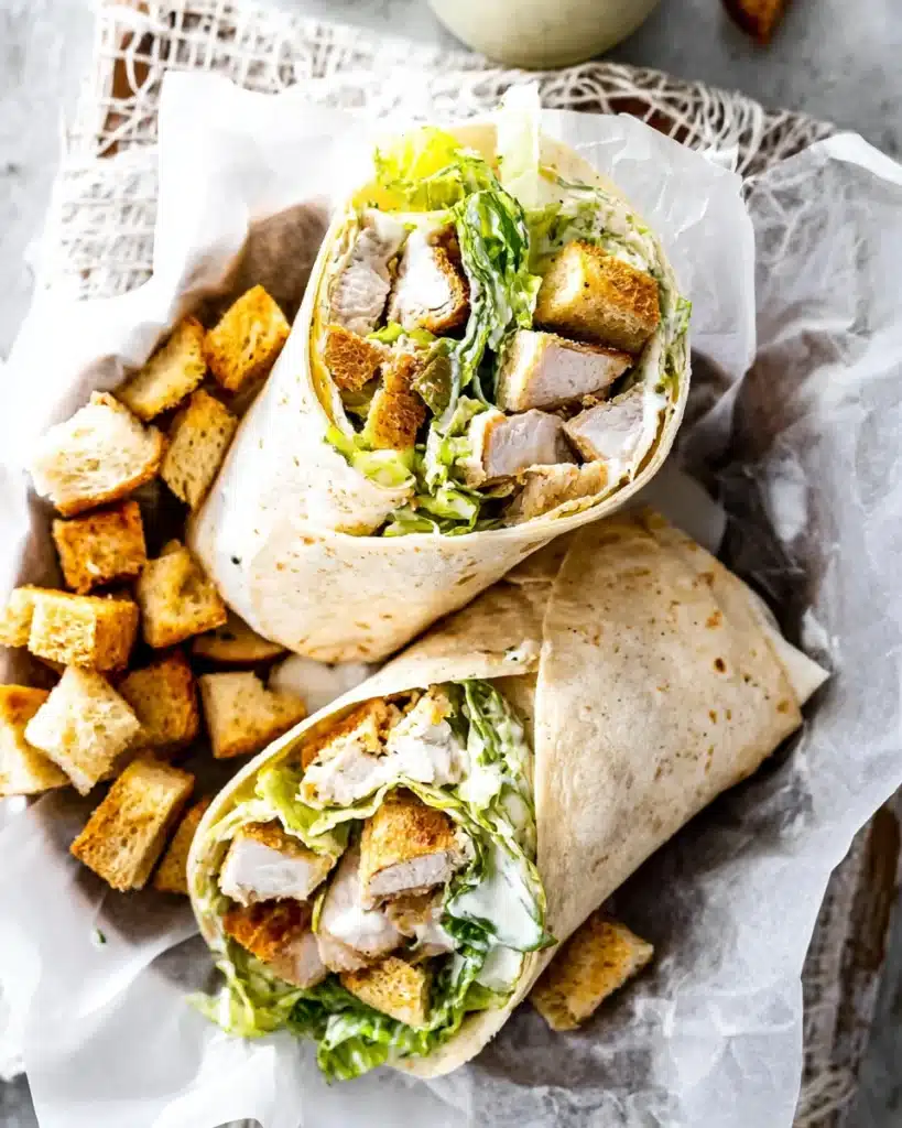 Chicken Caesar Wrap halves filled with lettuce, chicken, and creamy dressing on parchment paper
