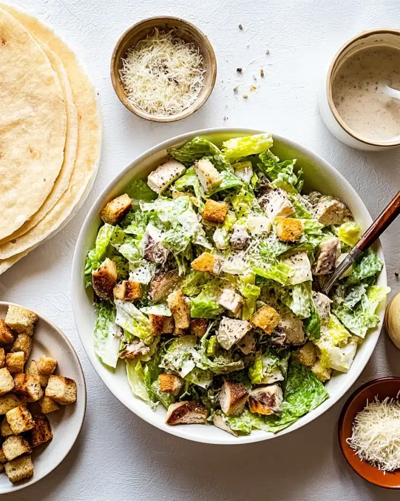 Chicken Caesar Wrap filling with lettuce, chicken, croutons, and dressing in a white bowl