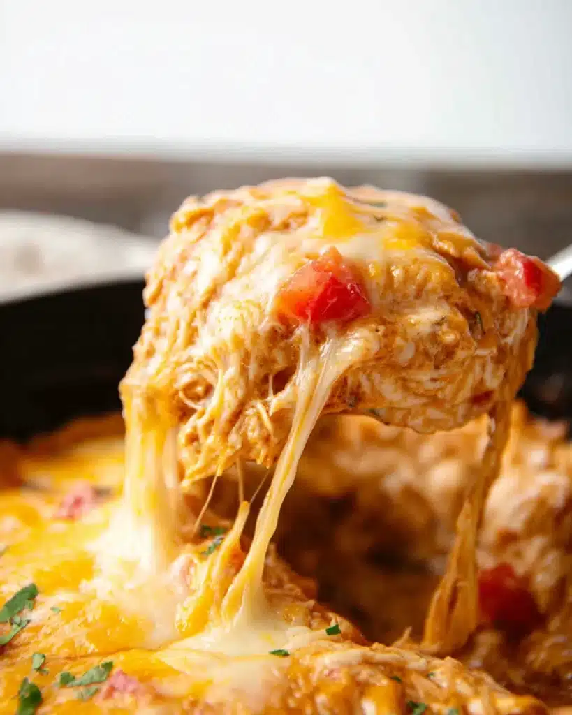 Cheesy slow cooker chicken enchilada casserole being served with melted cheese strands