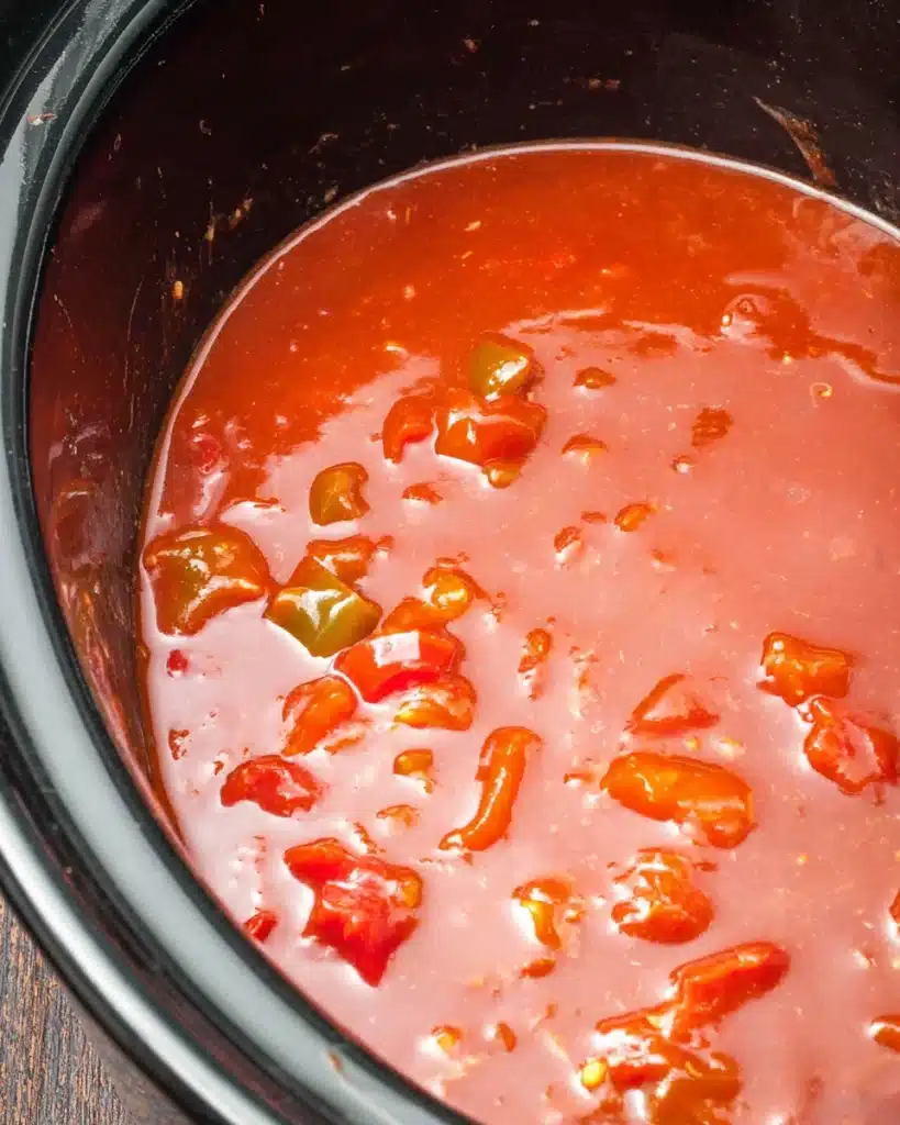 Red enchilada sauce with diced tomatoes in a slow cooker for chicken enchilada casserole