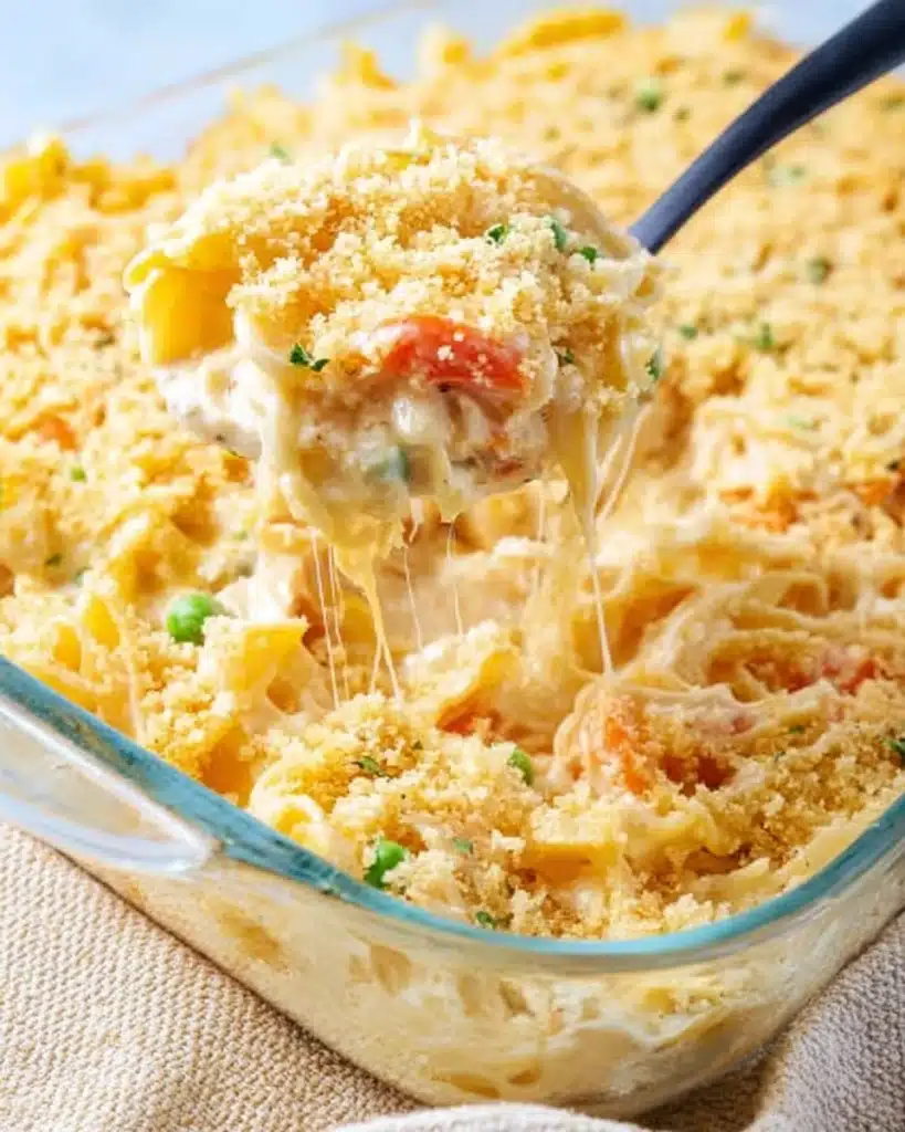 Golden baked chicken noodle casserole being served from a glass dish