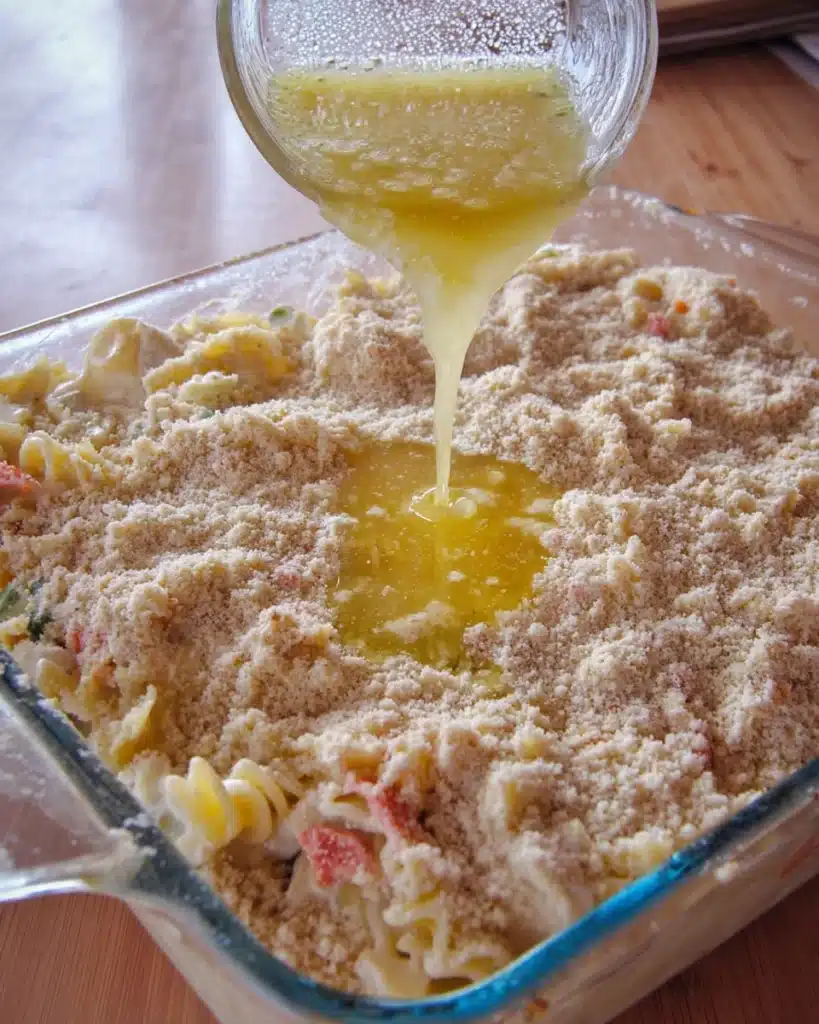 Pouring melted butter over chicken noodle casserole before baking