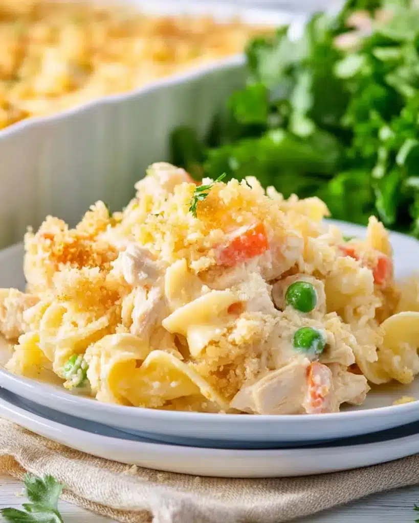 Creamy chicken noodle casserole with peas, carrots, and golden breadcrumbs on a white plate