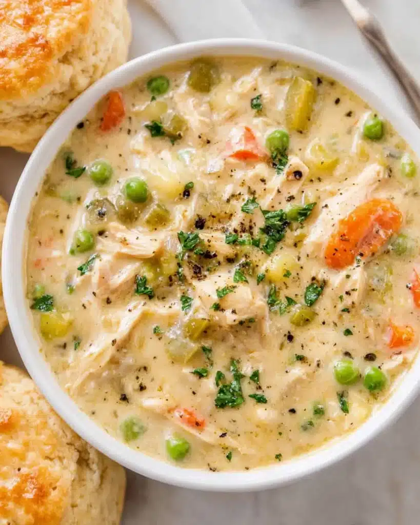 Chicken Pot Pie Soup 1 Creamy Chicken Pot Pie Soup with vegetables and tender chicken, served with a biscuit on a marble countertop.