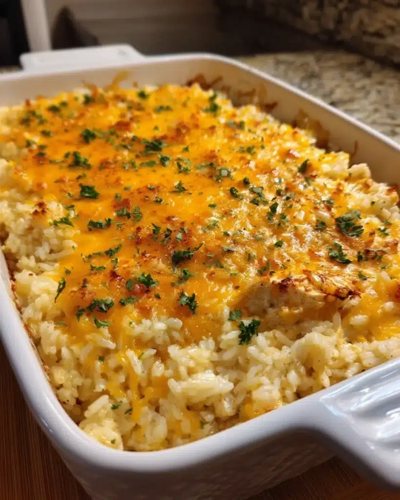 Chicken Rice Casserole: The Ultimate Creamy Comfort Bake 1 Golden chicken rice casserole topped with melted cheddar cheese and parsley in a white baking dish.