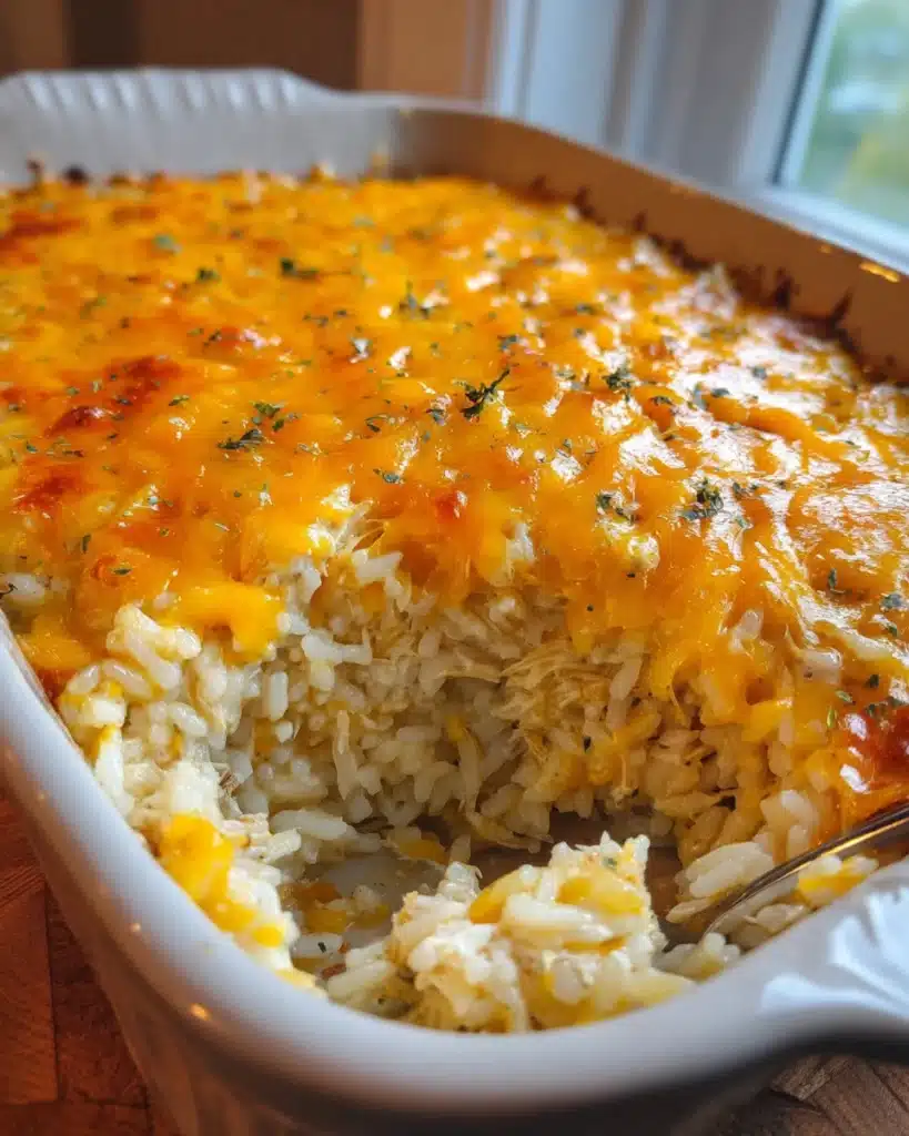 Chicken Rice Casserole: The Ultimate Creamy Comfort Bake 2 Golden chicken rice casserole with melted cheddar topping and creamy rice inside.