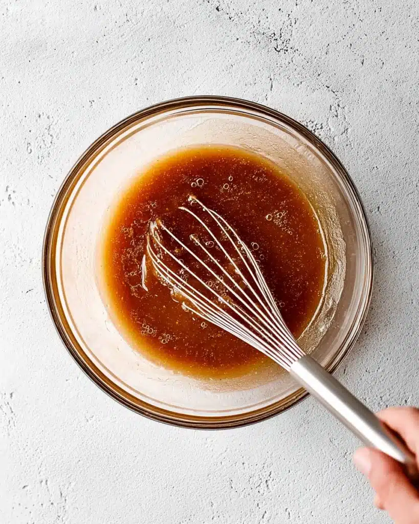 Whisking chicken stir fry sauce in a glass bowl