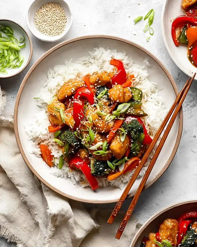 Chicken stir fry with vegetables served over white rice