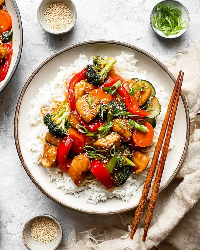 Chicken stir fry with rice, vegetables, and sesame seeds on a white plate