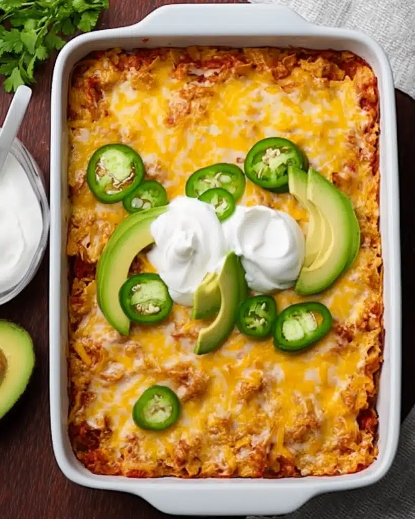 Chicken Taco Casserole Recipe: A Flavor-Packed Family Favorite 2 Cheesy chicken taco casserole topped with avocado slices, sour cream, and jalapeños