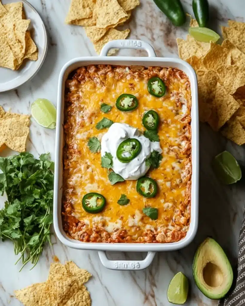 Chicken Taco Casserole Recipe: A Flavor-Packed Family Favorite 1 Cheesy chicken taco casserole topped with jalapeños, sour cream, and cilantro