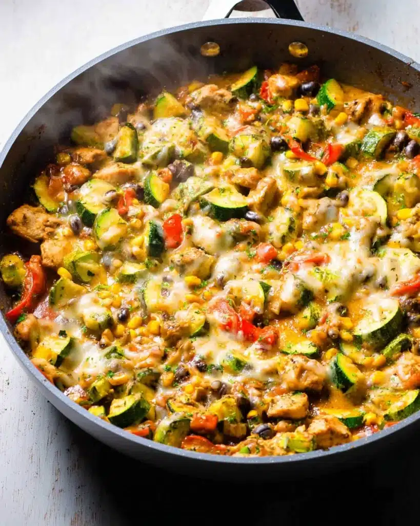 Chicken and Zucchini Skillet – Easy, Flavorful, and Ready in 30 Minutes 5 Melted cheesy chicken and zucchini skillet with corn and bell peppers