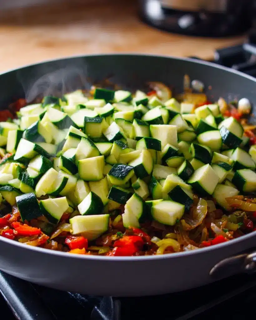 Chicken and Zucchini Skillet – Easy, Flavorful, and Ready in 30 Minutes 4 Adding diced zucchini to skillet with sautéed vegetables for chicken and zucchini