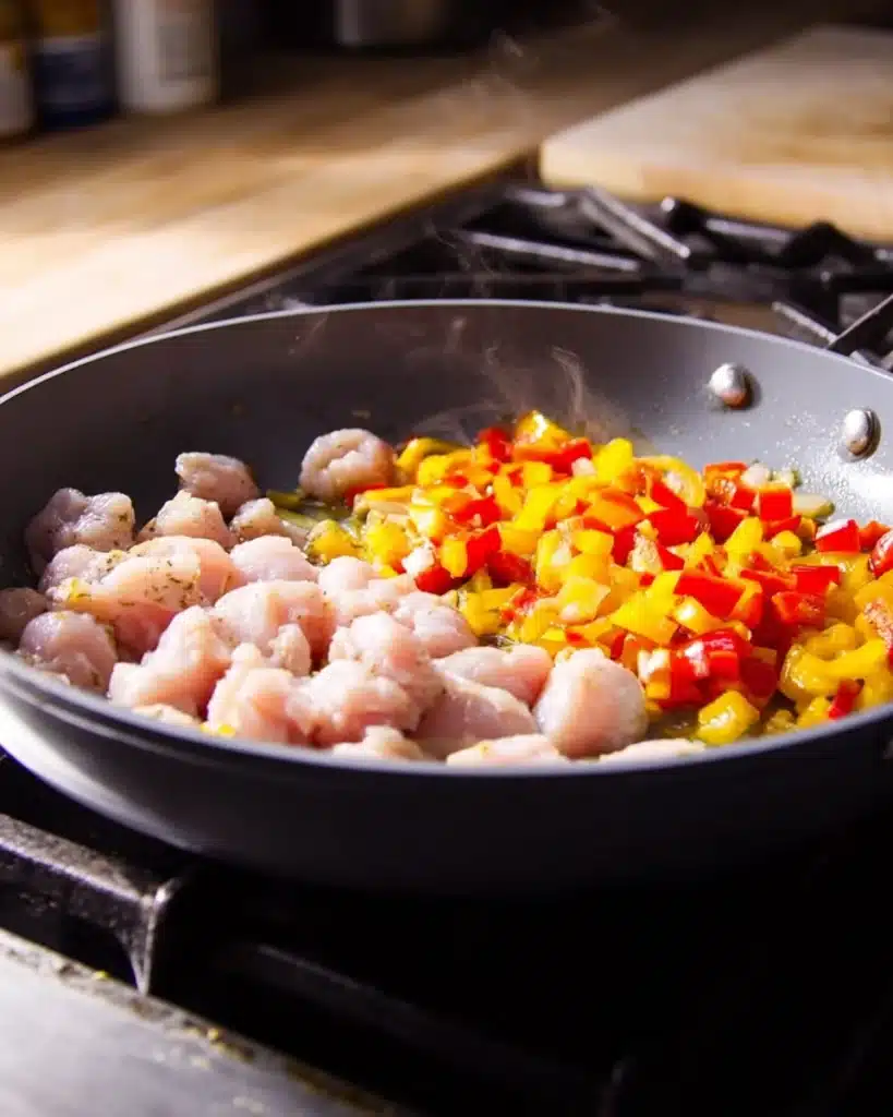 Chicken and Zucchini Skillet – Easy, Flavorful, and Ready in 30 Minutes 3 Chicken cooking with bell peppers and onions in skillet for chicken and zucchini