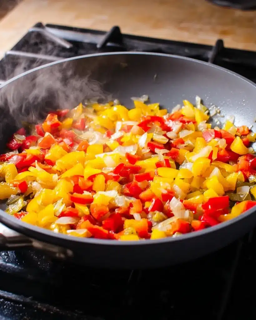 Chicken and Zucchini Skillet – Easy, Flavorful, and Ready in 30 Minutes 2 Sautéing bell peppers and onions in skillet for chicken and zucchini recipe