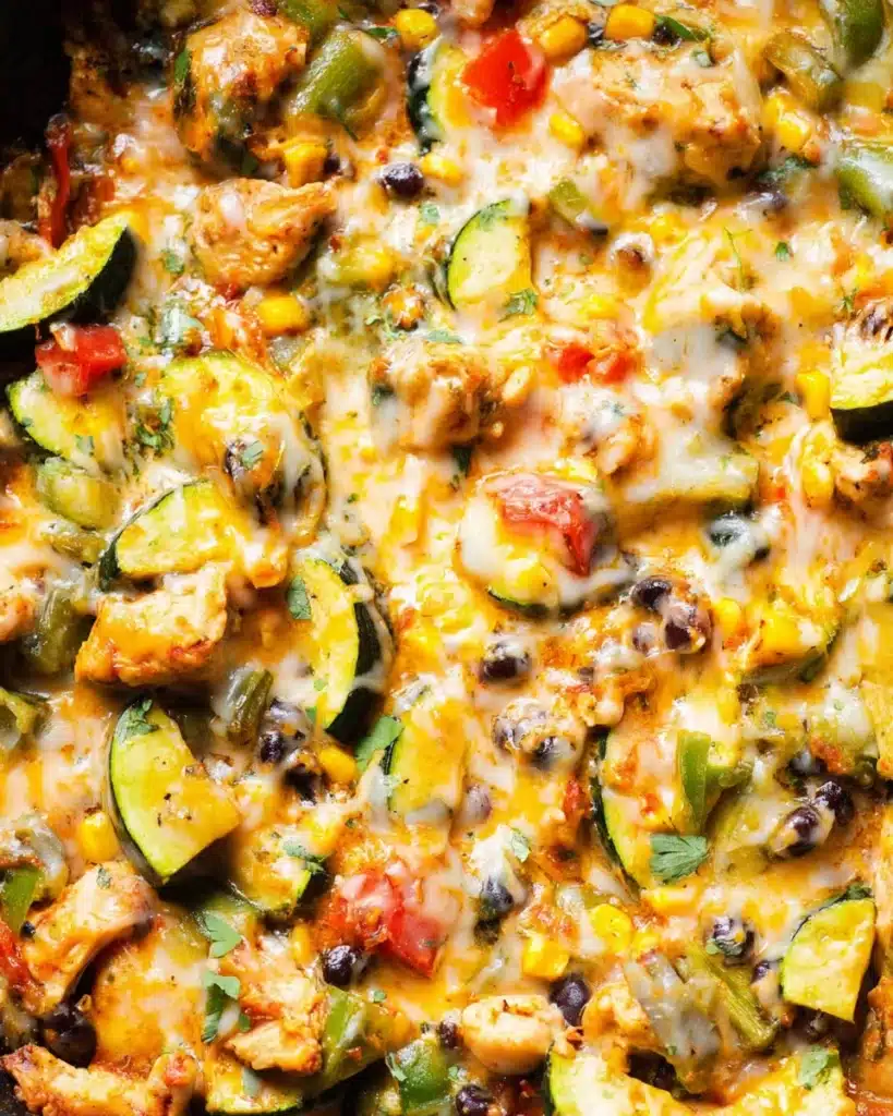 Chicken and Zucchini Skillet – Easy, Flavorful, and Ready in 30 Minutes 1 Cheesy chicken and zucchini skillet with corn, beans, and melted Tex-Mex cheese