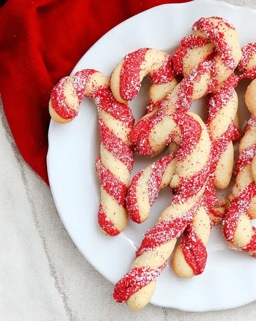 Freshly baked red and white Christmas Candy Cane Cookies on a white plate