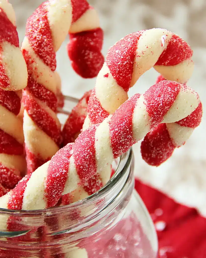 Christmas Candy Cane Cookies in a glass jar with peppermint sugar topping