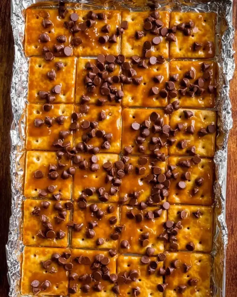 Christmas Crack (Saltine Cracker Toffee Recipe) 3 Caramel-coated saltine crackers topped with melting chocolate chips for Christmas Crack