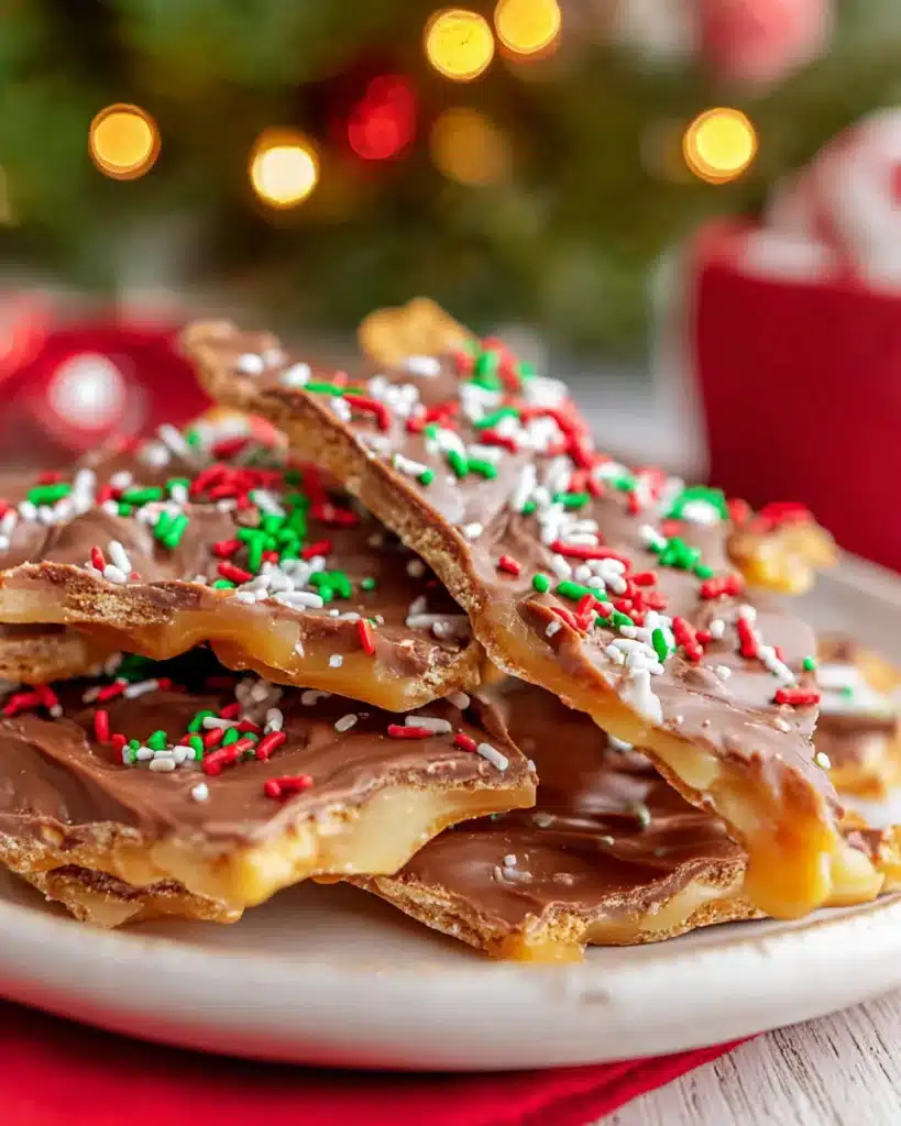 Christmas Crack (Saltine Cracker Toffee Recipe) 1 Christmas Crack toffee bark with chocolate and holiday sprinkles on a plate