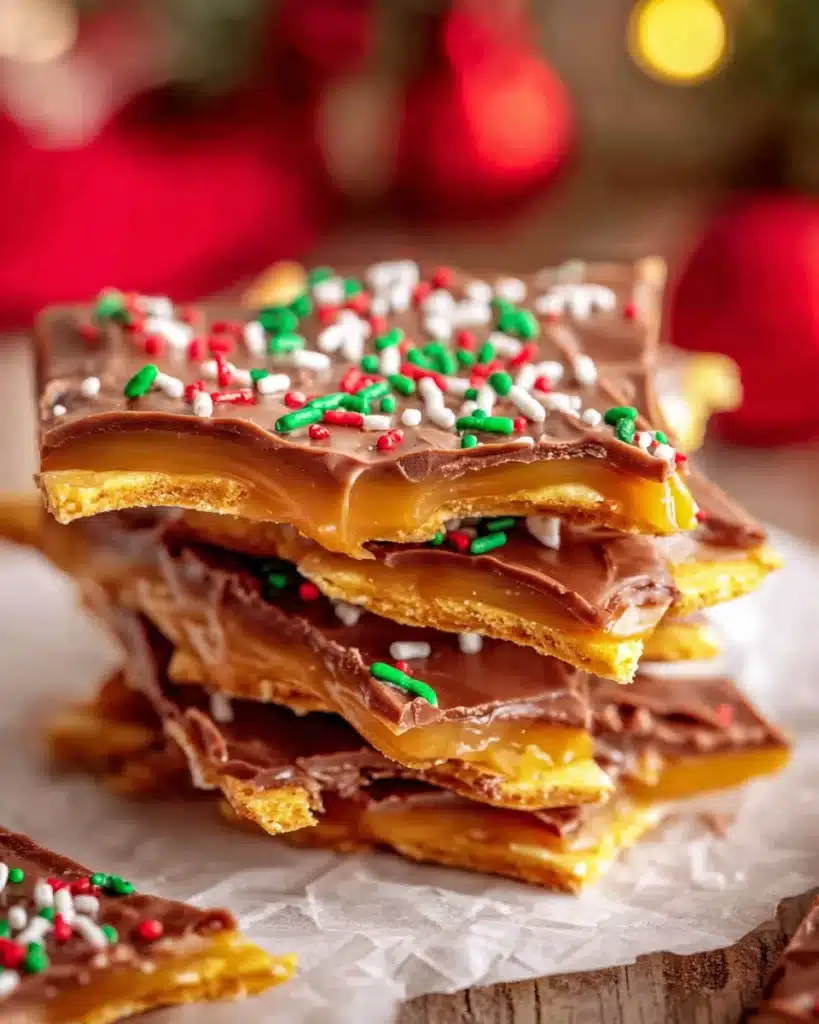 Christmas Crack (Saltine Cracker Toffee Recipe) 5 Stack of homemade Christmas Crack toffee with chocolate and sprinkles