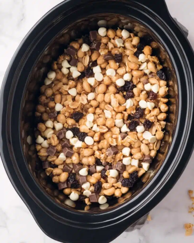 Slow cooker filled with peanuts and chocolate chips for Christmas Crock Pot Candy