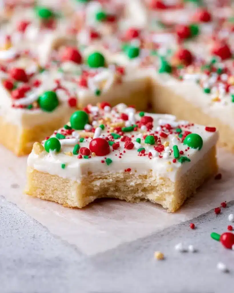 Christmas Sugar Cookie Bars (Soft, Chewy & Frosted) 1 Soft Christmas sugar cookie bars with white frosting and colorful sprinkles on marble surface