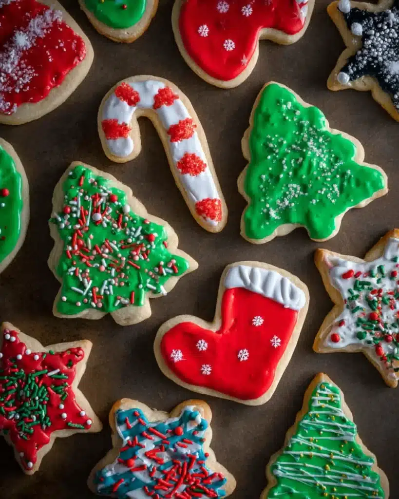 Decorated Christmas sugar cookies with icing and sprinkles on a dark background